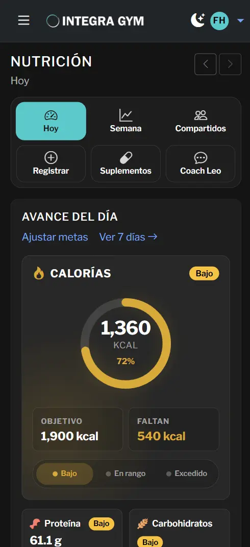 Panel de nutrición del día en la app de Integra GYM
