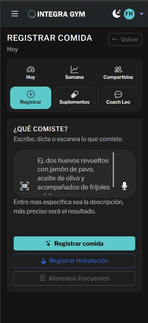 Pantalla para registrar comidas en la app