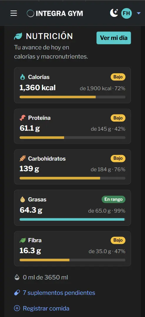 Pantalla para registrar comidas en la app